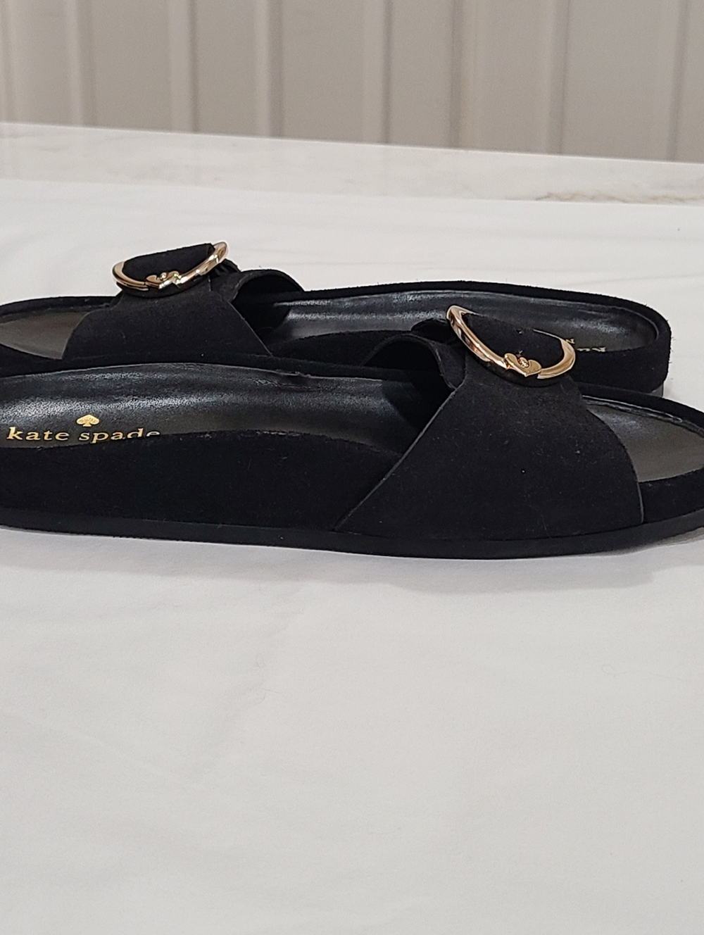 kate spade New York Della Slide Sandals Black Gold Buckle Size 7 - Picture 9 of 16